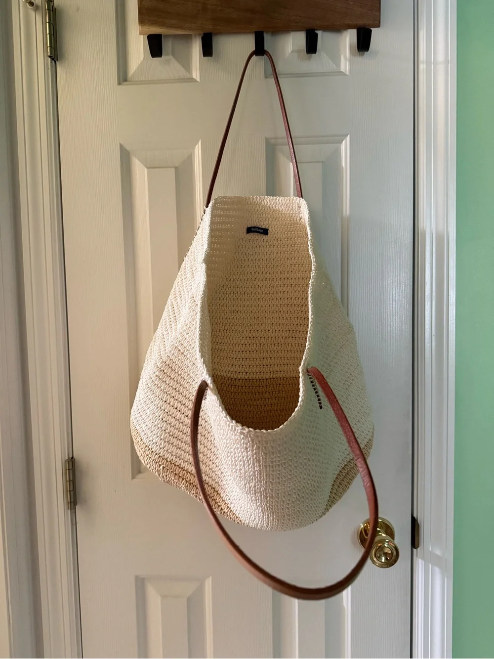 Anthropologie Cream and Tan Straw Tote with Brown Handles - Picture 2 of 4